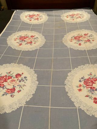 Vintage Mid Century Print Tablecloth Floral Bouquet Pink Red Blue 72 