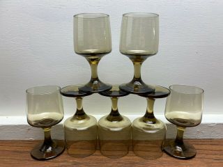 Set Of 7 Vtg Libbey Tawny Accent Brown Stemmed Wine Glasses Goblets 5 1/8 " Tall