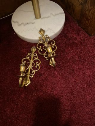 Vintage Antique Mcm 10” Brass Ornate Sconce Candle Holder Set Made In India