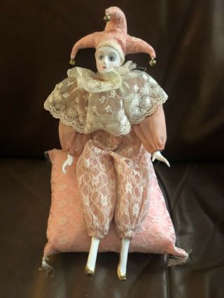 Vintage Silvestri Porcelain Clown Jester Doll Approx 18 " With Musical Cushion