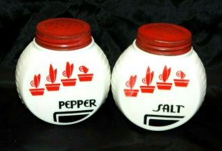 Vintage Anchor Hocking White Milk Glass Range Salt & Pepper Shakers Red Flowers