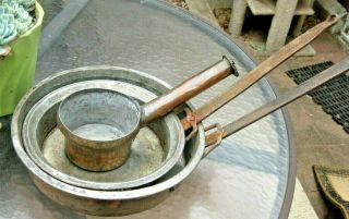 Vintage Antique Set Of 3 Tin - Lined Copper Saucepans/pots Forged Iron Handles