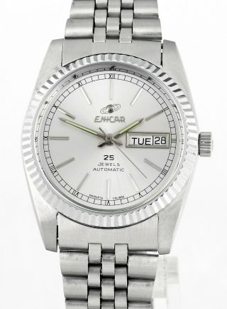 Enicar Auto Day Date Old Stock All Stainless Steel Vintage Mens Wrist Watch