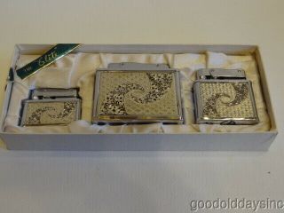 Art Deco 3 Piece Antique Lighter Set - Elite Pocket/table - Nib