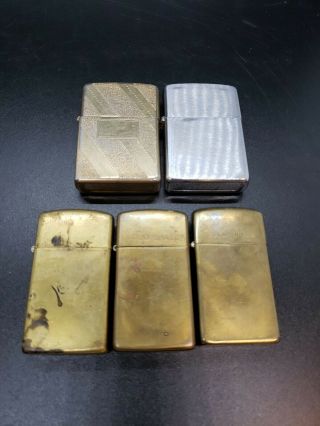 5 Vintage Zippo Lighters,  3 Solid Brass,  1983,  88,  90 And 2 Other Basic Styles