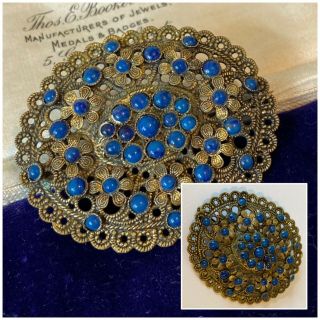 Vintage Art Deco Jewellery Czech Filigree Blue Stone Flower Brooch Pin