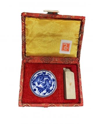 Vintage Chinese Carved Soapstone Snakes Stamp Wax Seal Kit Silk Box Ink Dish
