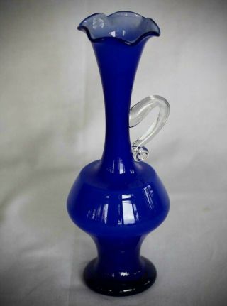 Vintage Cobalt Blue Murano Style Hand Blown Art Glass Genie Vase Handle Ruffled