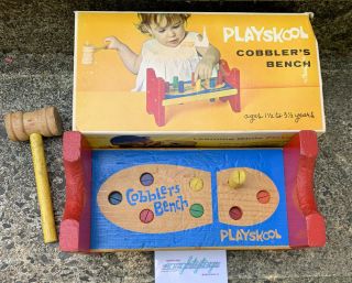 Vtg Playskool Cobblers Bench Preschool Toy W/ Box & 8 Wooden Pegs 80’s