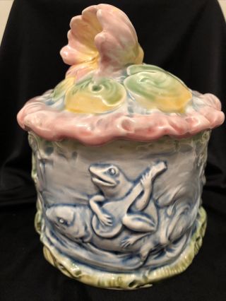 Antique/vintage French Pottery Majolica Tobacco Humidor Frog Fish Lily Pad