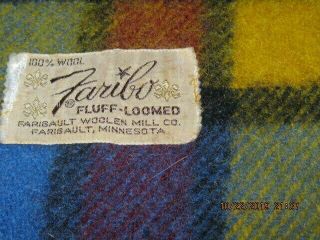 Vintage Faribo Blue Plaid Wool Stadium Blanket 59x48
