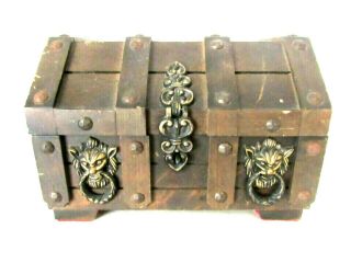 Vintage Pirate Treasure Chest Wooden Jewelry Box Lion 