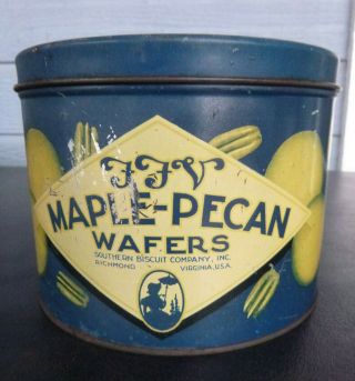 Vintage Ffv Maple - Pecan Wafers Tin Southern Biscuit Company Richmond Va 4.  5 X 6