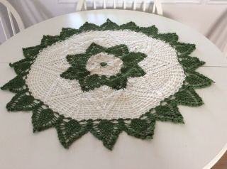 Vintage Hand Crocheted Olive Green & White Large Doily