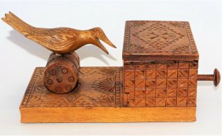 Vtg Primitive Carved Wood Cigarette Dispenser Box Mechanical Bird Antique Holder