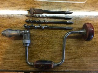 Vintage Antique Fulton Special Hand Crank Brace Bit Drill With 4 Auger Bits