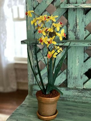 Vintage Miniature Dollhouse Nancy Barnett Flower Potted Yellow Orchid Plant Ooak