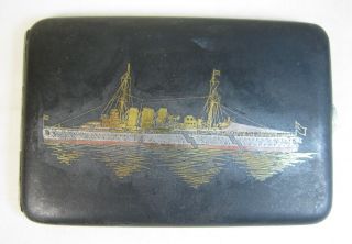 Vint Wwii Era English Ship Hms White Ensign Japanese Damascene Cigarette Case