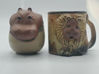 1970s John Buck Studio Pottery Lion Mug Hand Crafted,  Vtg Hippo Cup Gempo Uctci