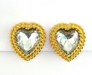 Graziano Big Crystal Rhinestone Heart Braided Bezel Clip On Earrings Vintage
