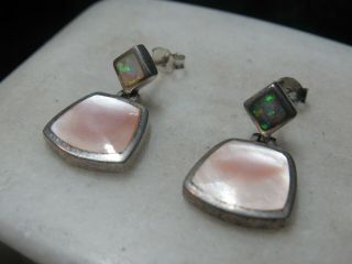 Vintage Peyote Bird Sterling Silver Pink Mother Of Pearl & Opal Earrings 6.  2g X