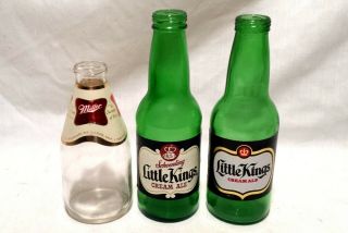 3 Vintage 7 Oz Small Beer Bottles Miller High Life,  Schoenling Little Kings Ale