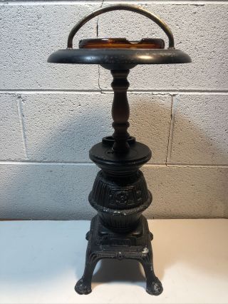 Vintage Cast Metal 22” Pot Belly Stove Smoking Stand Floor Glass Ashtray Display