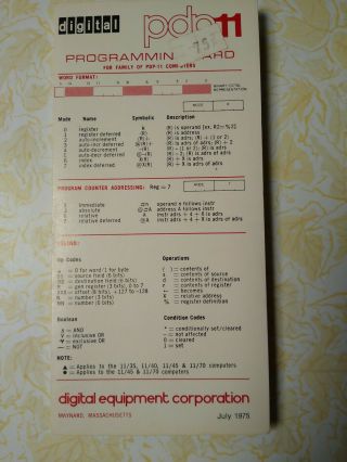 Vintage Dec Digital Pdp11 Pdp - 11 Programming Card - July 1975