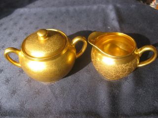 Pickard Etched China Gold Porcelain Sugar Bowl,  Lid And Creamer Vintage