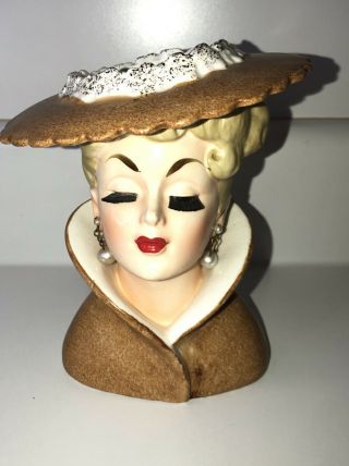 Vintage Napco 1959 Lady Head Vase Tan Outfit High Collar Brush Eyelashes C3815b