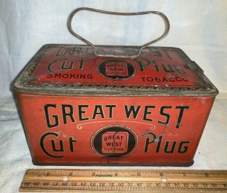 Antique Great West Cut Plug Tin Litho Tobacco Lunch Pail Box Can Country Store