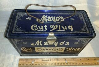ANTIQUE MAYO ' S CUT PLUG TIN LITHO LUNCH BOX PAIL STYLE TOBACCO CAN COUNTRY STORE 2