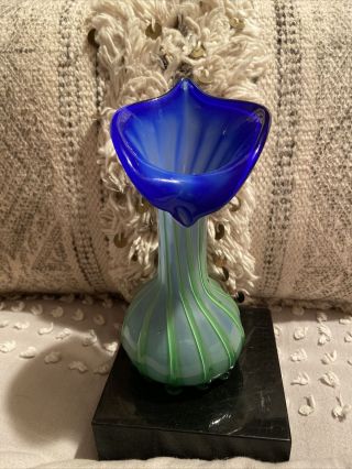 Vintage 8” Jack In The Pulpit Green Blue White Vase Art Glass