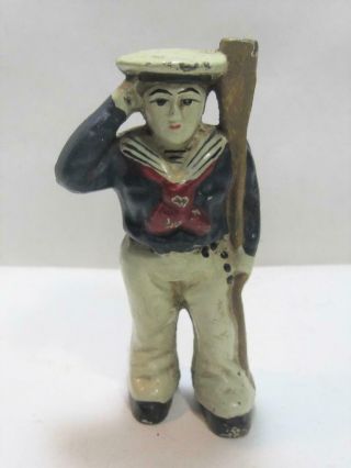 Vintage Hand Painted Cast Iron Navy Sailor Seaman Figurine W/ Boat Oar 5 "