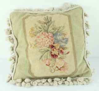 Vintage Wool Cross Stitch Floral Throw Pillow Tassel Velvet Cottage Granny 13 "