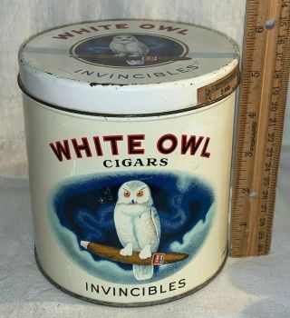 Antique White Owl Cigars Tin Litho Tobacco Can Vintage Smoking Country Store Old