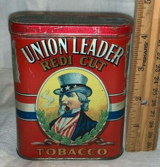 Antique Union Leader Tin Litho Vertical Pocket Tobacco Can Uncle Sam Gold 6
