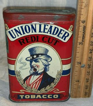 Antique Union Leader Tin Litho Vertical Pocket Tobacco Can Uncle Sam Redi Cut 2