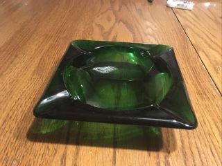 Vintage Emerald Green Glass 5.  75” Square Cigar Ashtray Mid Century Thick Large