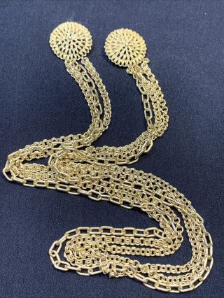 Unusual Vintage Double Pin Brooch With Long Connected Triple Chain Gold Finish