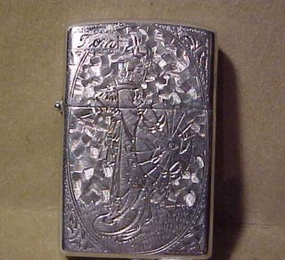 Ornate Rare Sterling 950 Silver Cased Lighter Geisha Girl Dsgn