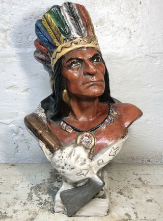 Vintage Plaster Indian Chief Head Bust Tobacco Cigar Store Display Yozie Mold