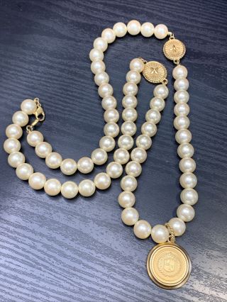 Vintage Liz Claiborne Extra Long 34” Quality Necklace Large Pearl Beaded Logo