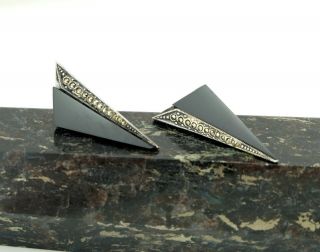 Vtg Sterling Silver Art Deco Geometric Onyx Marcasite Triangle Earrings