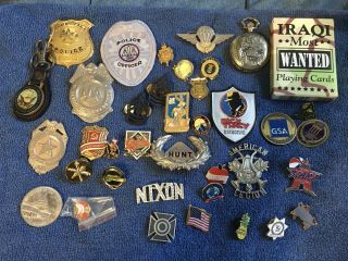 Vintage Junk Drawer Assortment - - Police,  Military,  Political,  Pins,  Badges & More
