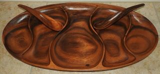 Vintage Monkey Pod Wood Serving Tray With 2 Spoons Large With 5 Compartments