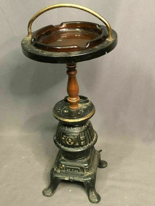 Vintage Cast Metal 24” Pot Belly Stove Smoking Stand Floor Glass Ashtray Display