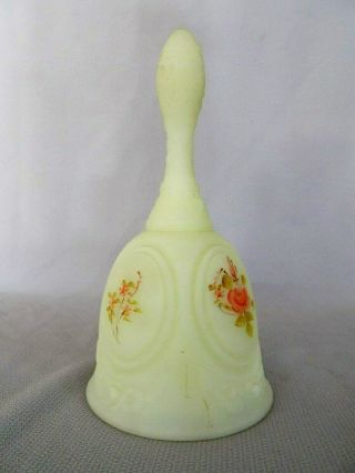 Vintage Fenton Satin Custard Glass Bell - Hand Painted Roses And Artist Signed