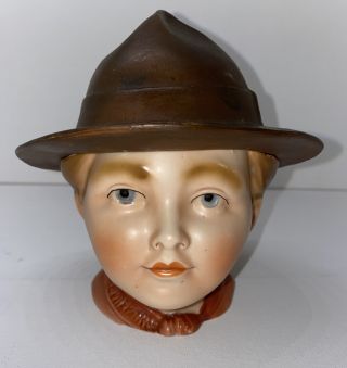 Vintage H&s Porcelain Figural Tobacco Jar Humidor - Boy Scout - Germany