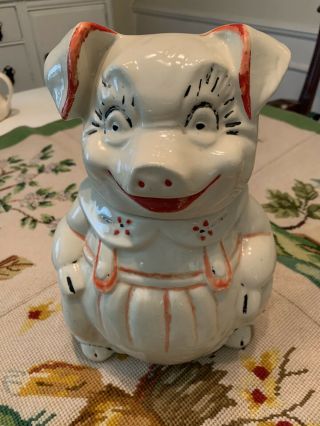 Vintage American Bisque Smiling Pig In Overalls Cookie Jar